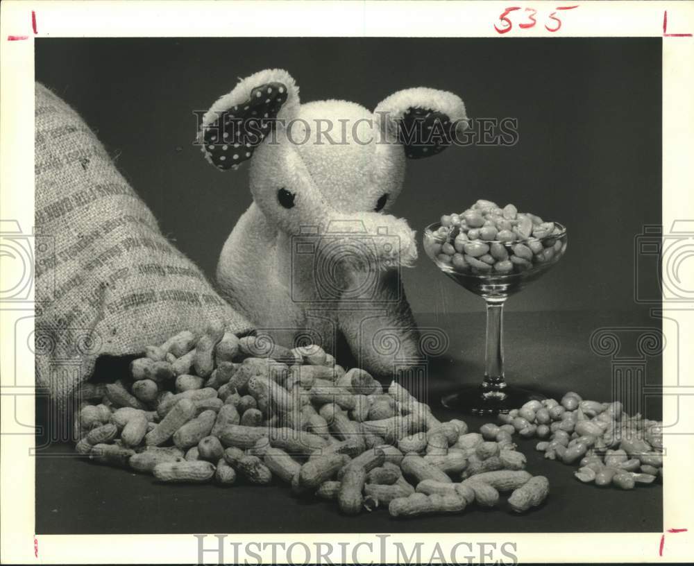 1978 Press Photo Stuffed elephant toy and bag of peanuts - hca61820- Historic Images