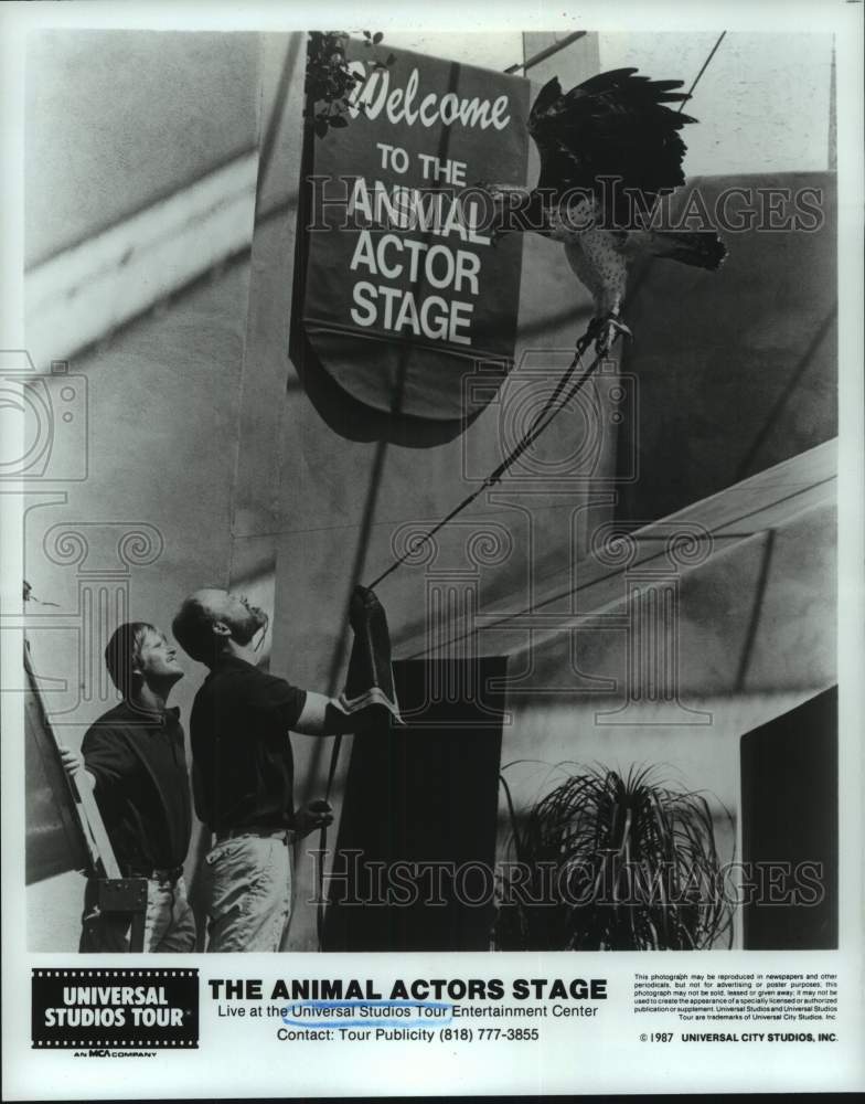 1987 Press Photo Animal Handlers with Bird on Tour at Universal Studios- Historic Images