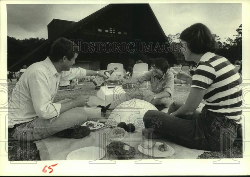 1984 Press Photo Friends Enjoy Wine and Snacks, Miller Outdoor Theater, Houston- Historic Images