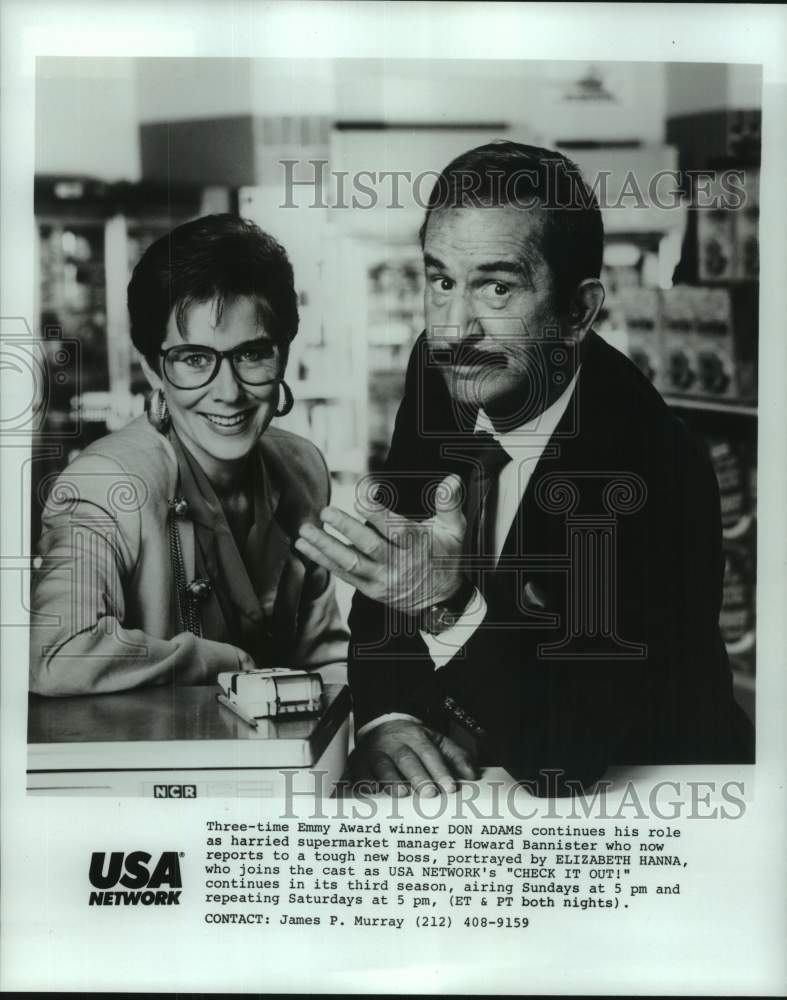 1987 Press Photo Emmy Award Winner Don Adams &amp; Elizabeth Hanna in &quot;Check It Out&quot;- Historic Images