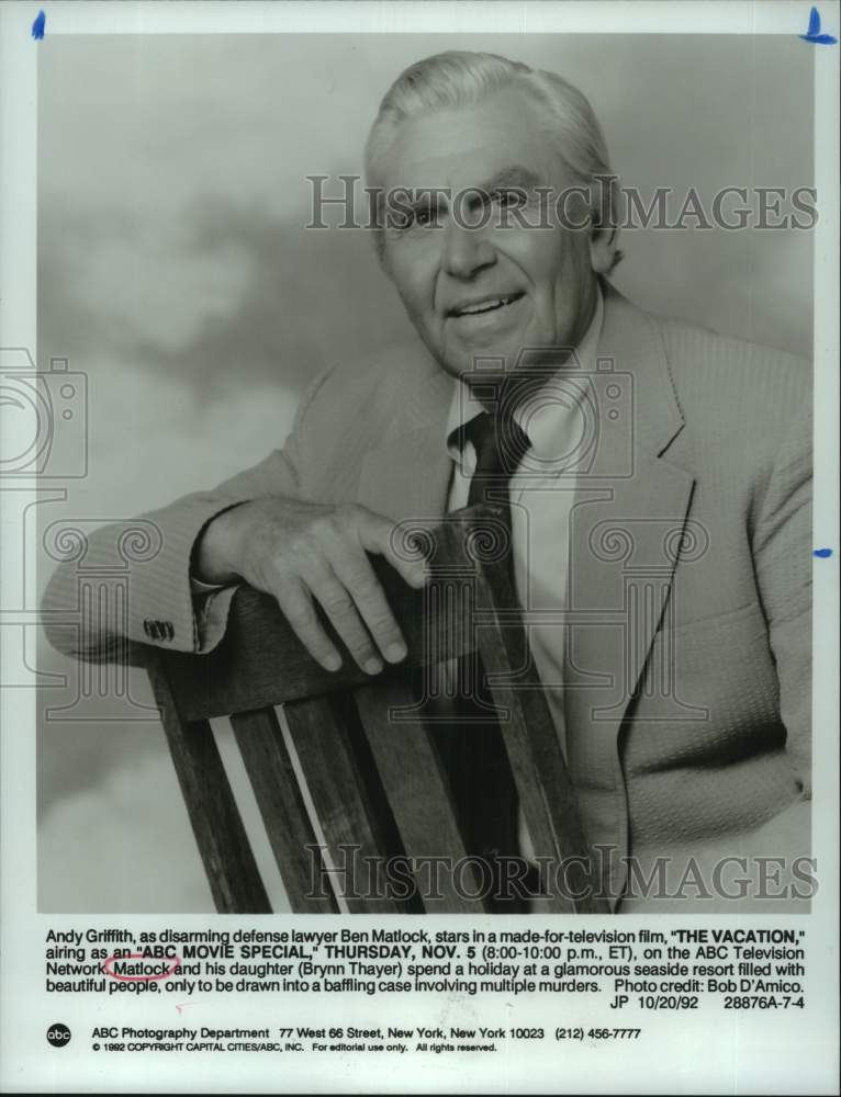1992 Press Photo Andy Griffith as Ben Matlock in "The Vacation" TV movie special- Historic Images