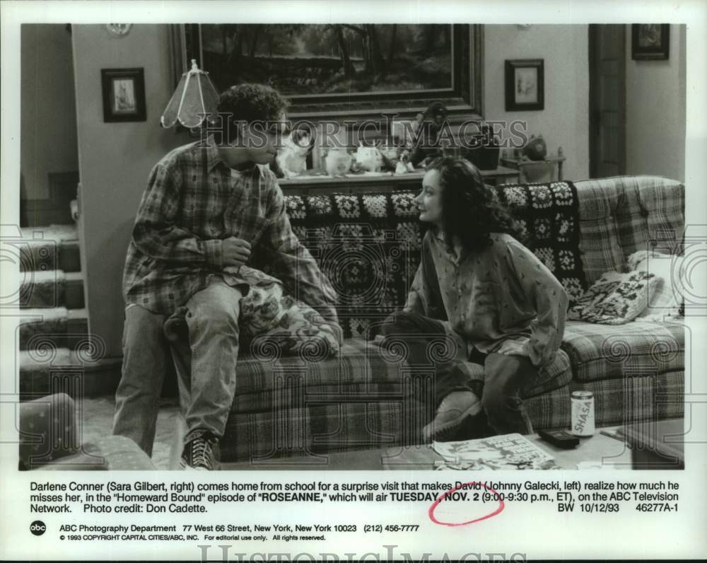 1993 Press Photo Sara Gilbert and Johnny Galecki on TV series &quot;Roseanne&quot;- Historic Images