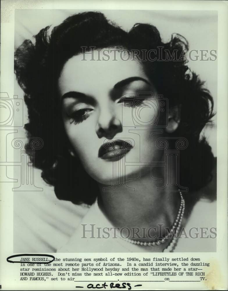 1985 Press Photo Actress Jane Russell - "Lifestyles of the Rich and Famous"- Historic Images