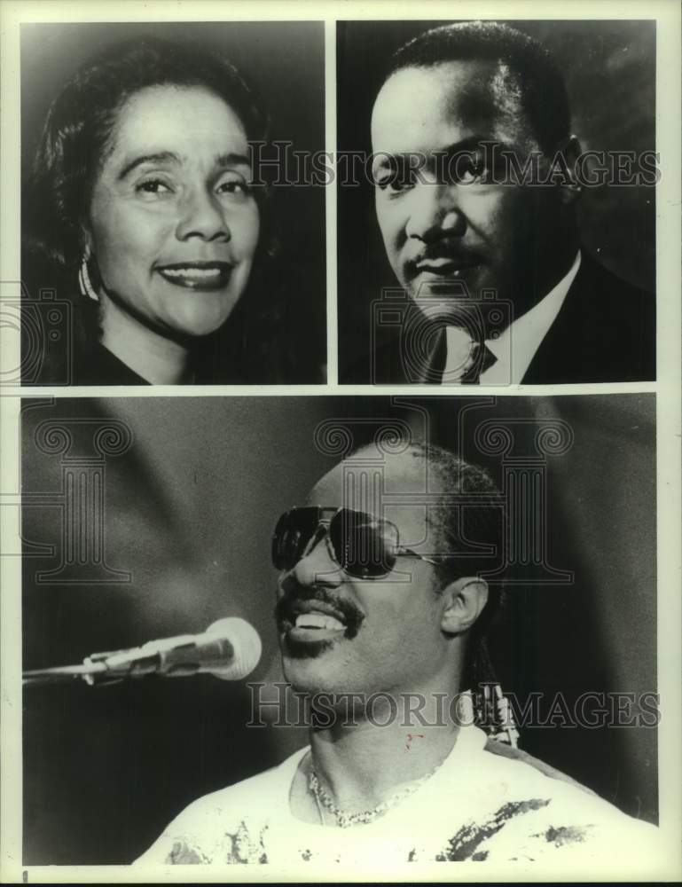 1985 Press Photo Coretta Scott King, Martin Luther King, Stevie Wonder- Historic Images