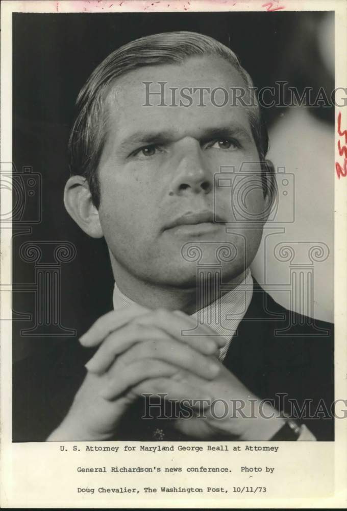 1973 Press Photo U.S. Attorney for Maryland George Beall at news conference- Historic Images