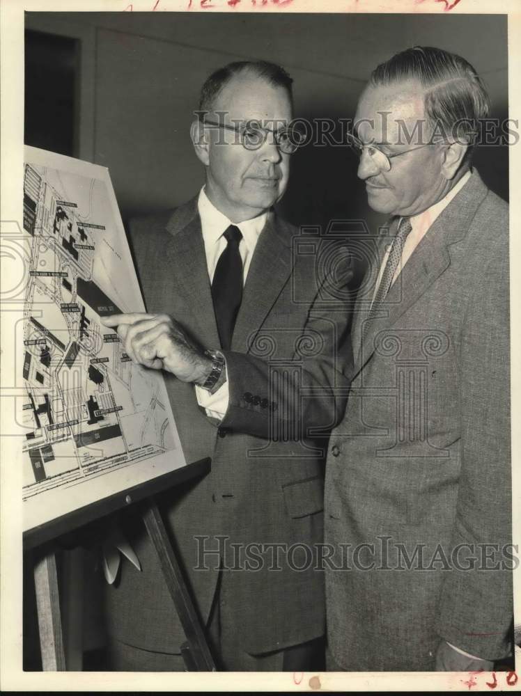 1958 Press Photo W. Leeland Anderson and Dr. Fred C. Elliott review plans