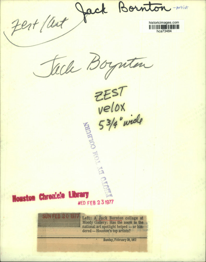 1977 Press Photo Artist Jack Bornton collage at Moody Gallery, Houston