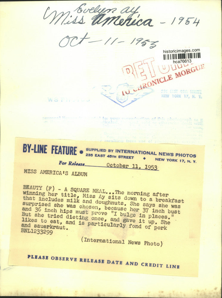 1953 Press Photo Evelyn Margaret Ay, Miss America of 1954, at breakfast