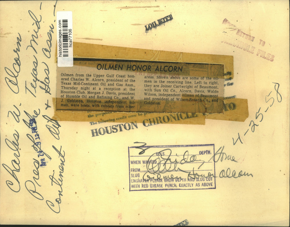 1958 Press Photo Oilman Charles W. Alcorn honored at Houston Club reception