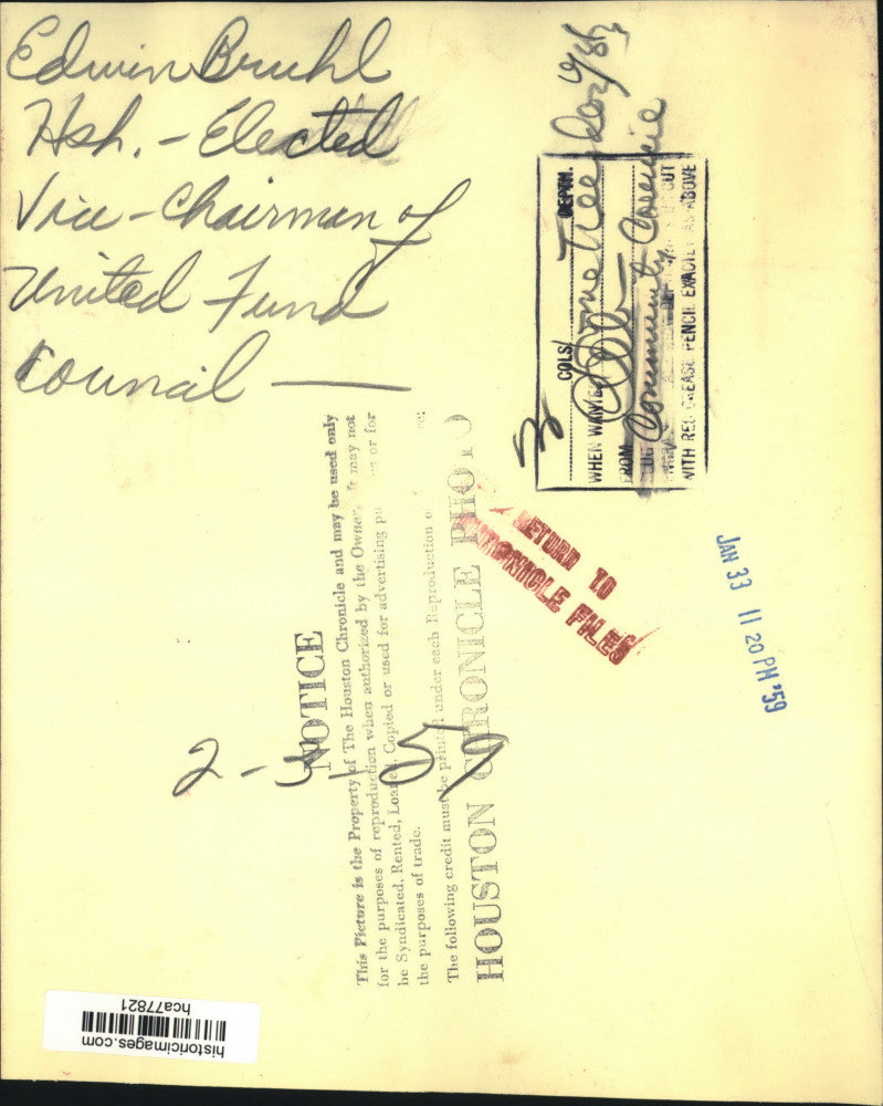 1959 Press Photo Edwin Bruhl of Houston elected Vice Chairman of United Fund