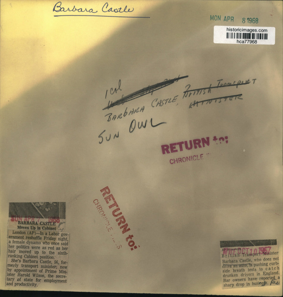 1967 Press Photo Barbara Castle, England's secretary of state for employment