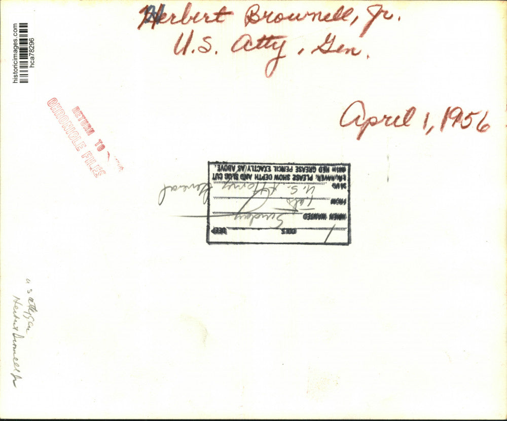 1956 Press Photo Herbert Brownell Jr., U.S. Attorney General - hca78296