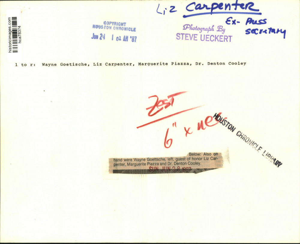 1987 Press Photo Ex-Press Secretary Liz Carpenter honored at party, with guests