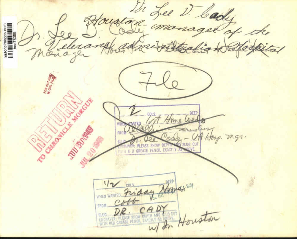 1949 Press Photo Manager of the Houston Veteran's Hospital, Dr. Lee D. Cody