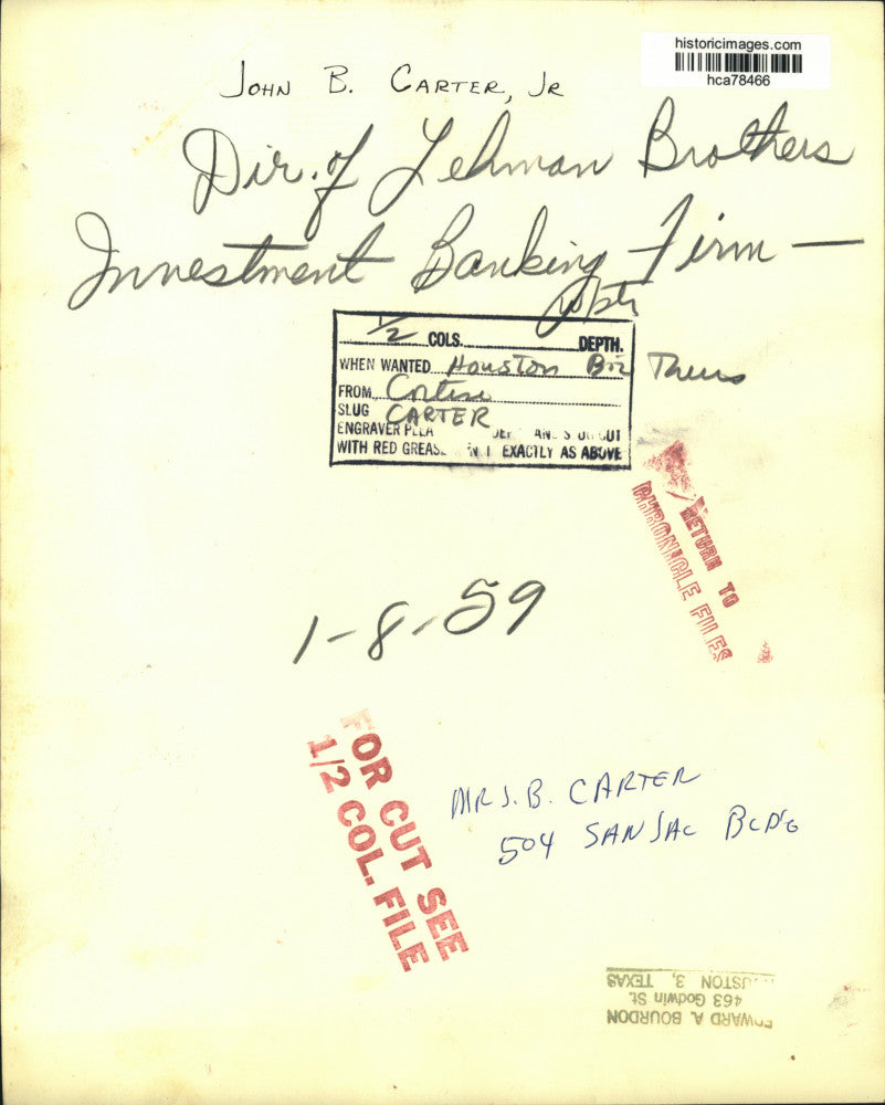 1959 Press Photo Director John B. Carter, Jr. of Lehman Brothers Banking Firm