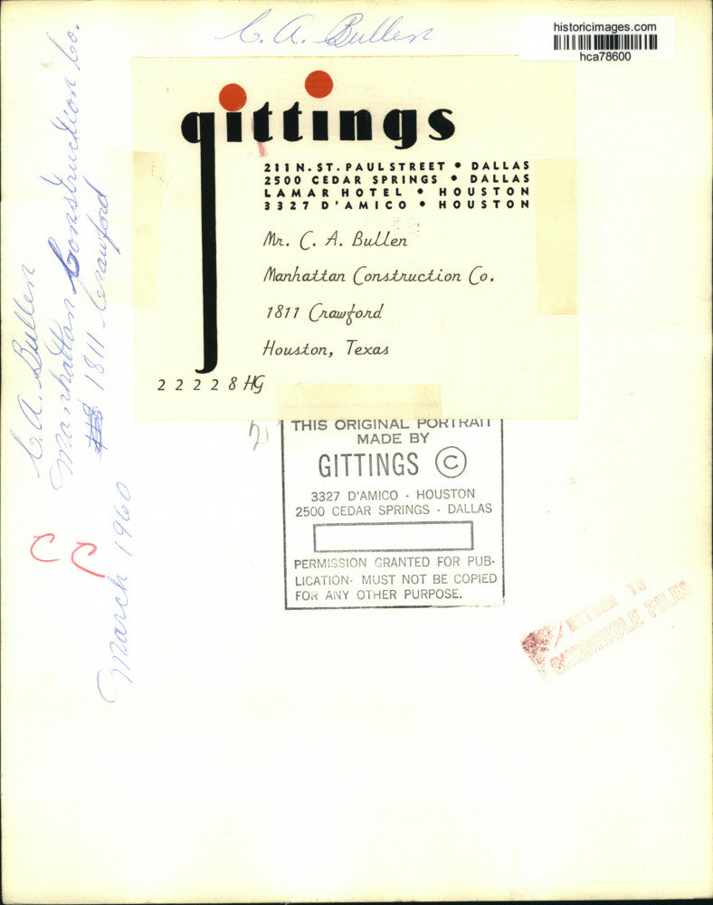 1960 Press Photo C.A. Bullen of the Manhattan Construction Co., Houston, Texas