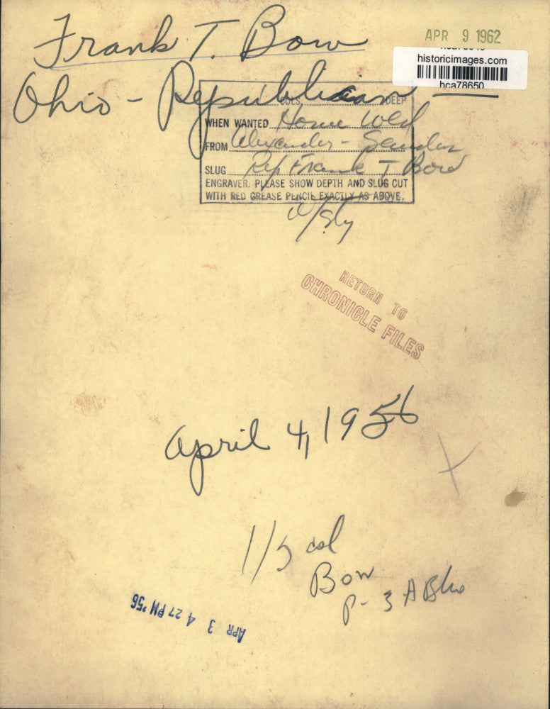 1956 Press Photo Frank T. Bow, Ohio Republican - hca78650