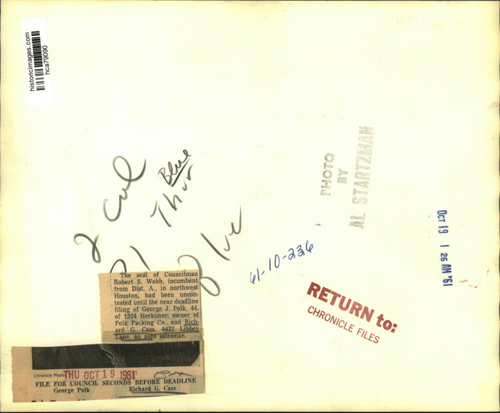 1961 Press Photo George Polk, Richard Cass - Houston councilman candidates