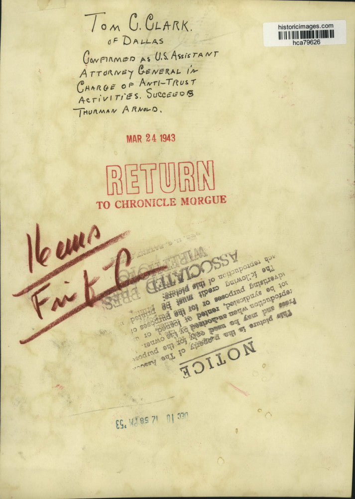 1943 Press Photo Tom C. Clark confirmed as US Assistant Attorney General