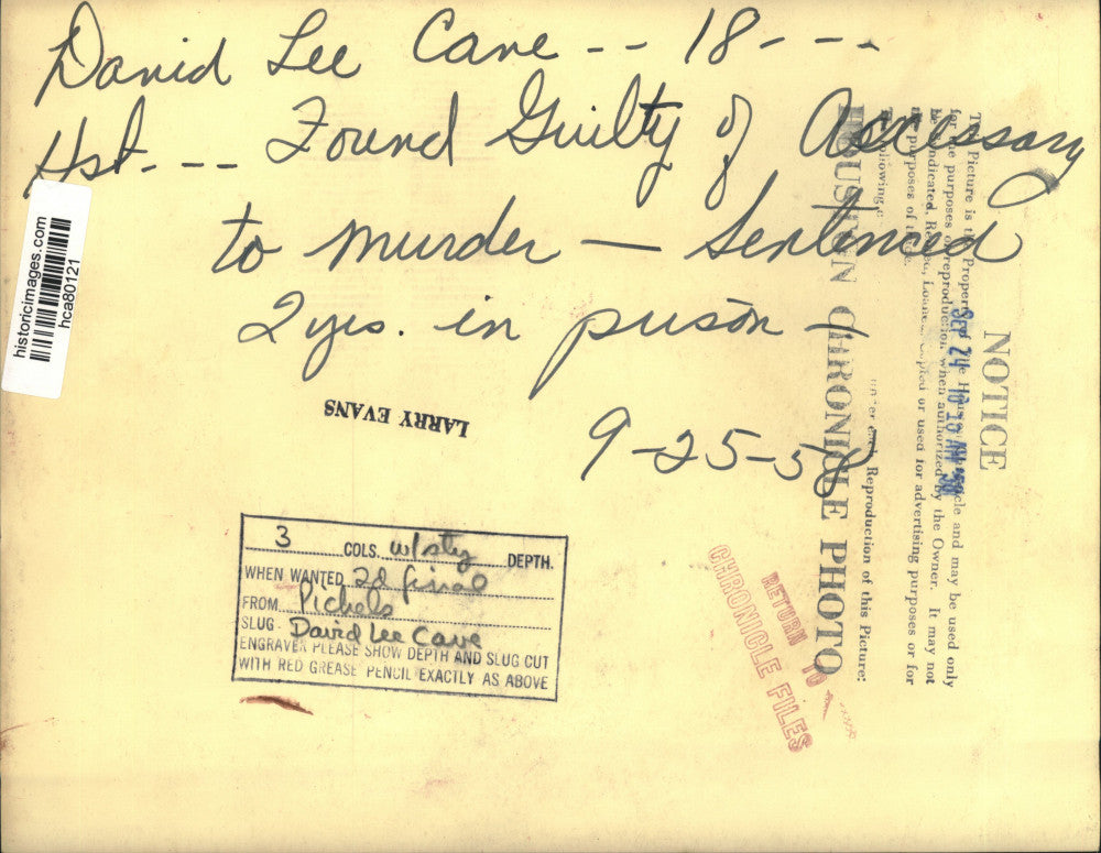 1958 Press Photo David Lee Cane with Parents, Found Guilty in Houston