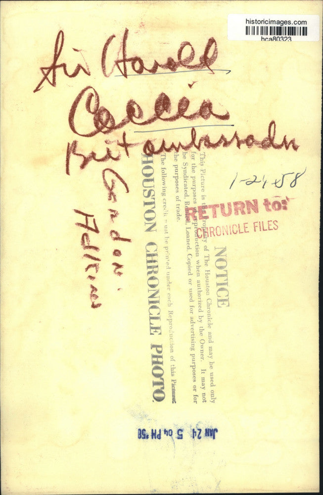 1958 Press Photo British Ambassador, Sir Harold A. Caccia - hca80323