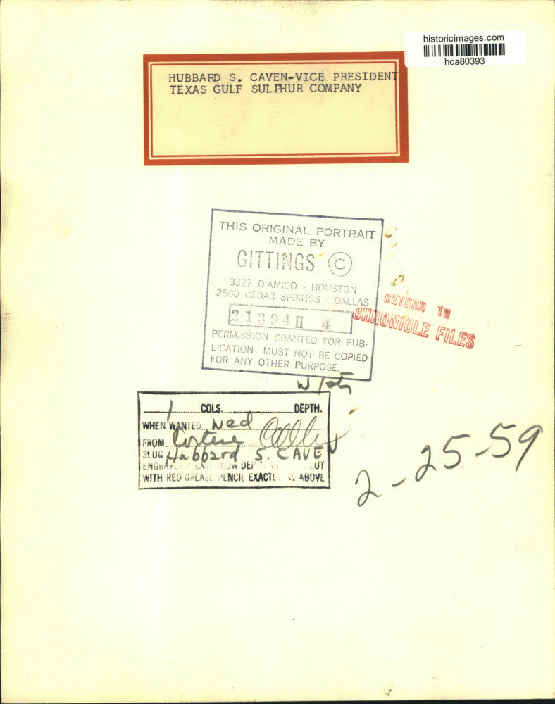 1959 Press Photo Hubbard S. Caven, vice-president Texas Gulf Sulphur Company