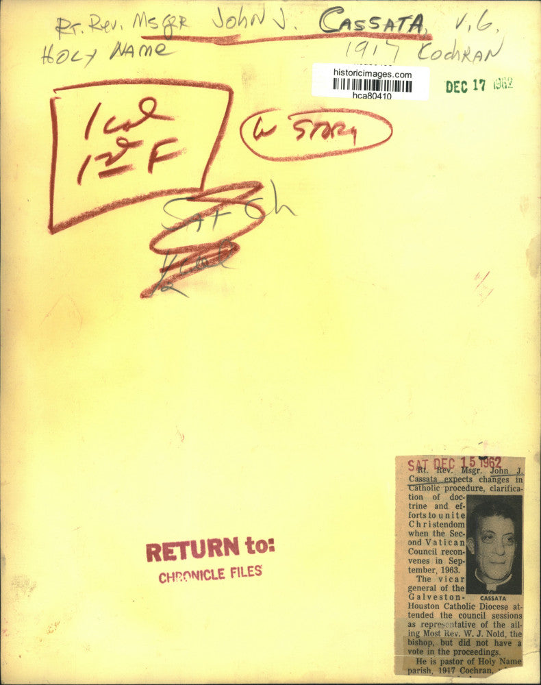 1962 Press Photo Right Rev. Monsignor John J. Cassata pastor of Holy Name Parish