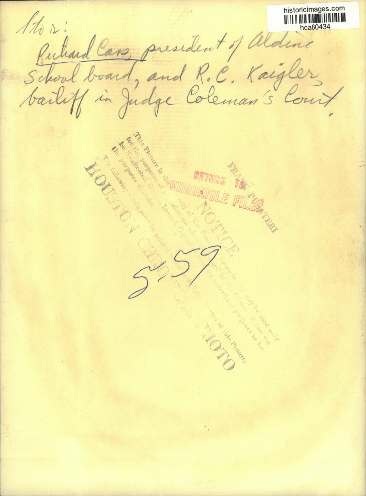 1959 Press Photo Richard Cap, Aldine School Board, R.C. Kaigler, court bailiff