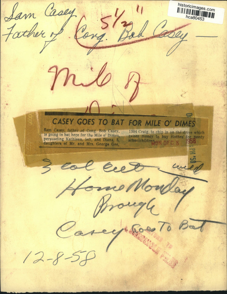 1958 Press Photo Sam Casey, Kathleen & Diana Gee donate to Mile O' Dimes charity