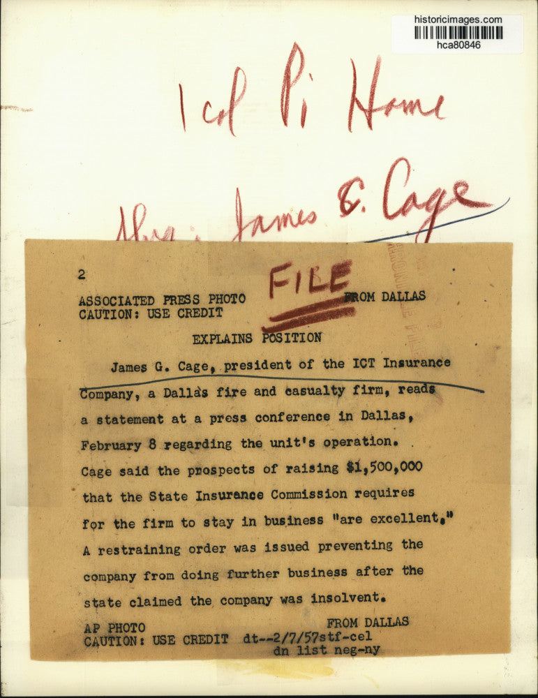 1957 Press Photo James Cage, ICT Insurance Company at Dallas press conference