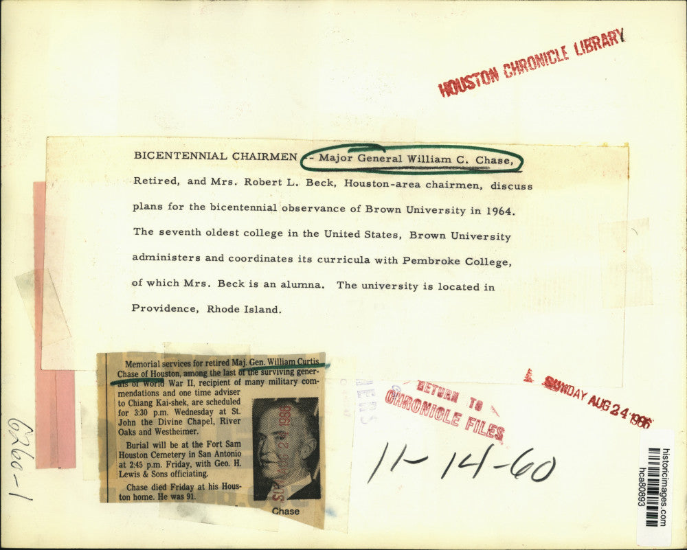 1960 Press Photo Mrs. Robert Beck, Gen. William Chase, Houston bicentennial