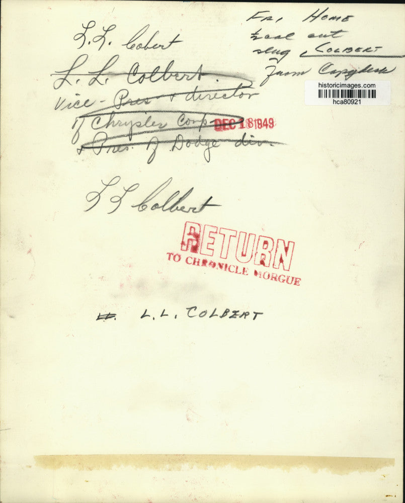 1949 Press Photo Lester L. Colbert, VP of Chrysler Corporation, Dodge