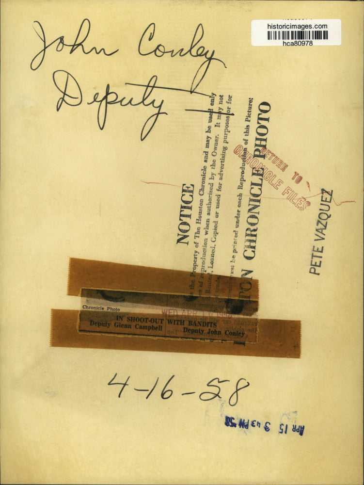 1958 Press Photo Deputy John Conley & Deputy Glenn Campbell Houston Sheriff Dept