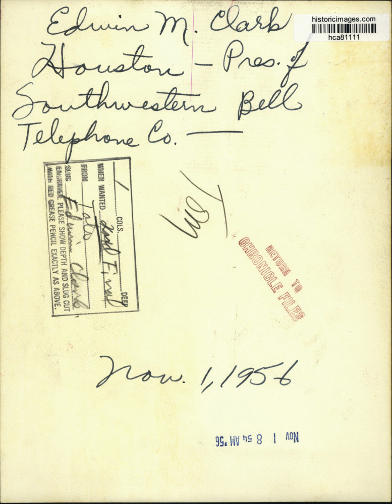 1956 Press Photo Southwestern Bell Telephone Company President Edwin M. Clark