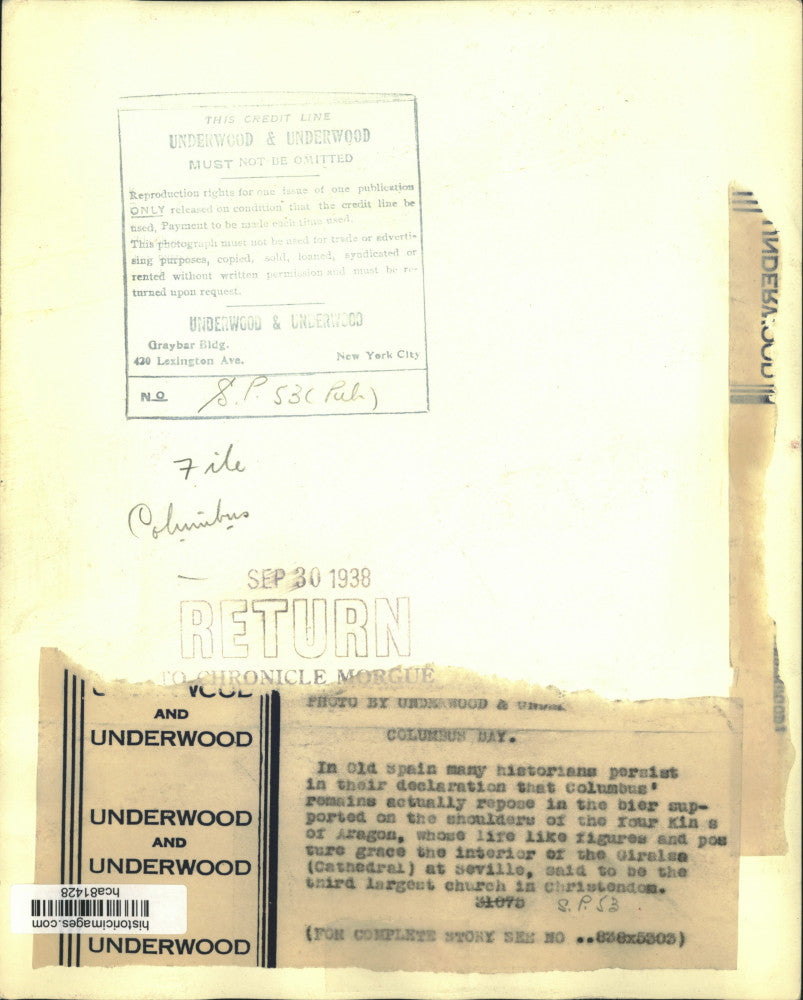 1938 Press Photo Cathedral in Seville, Spain where Columbus is buried