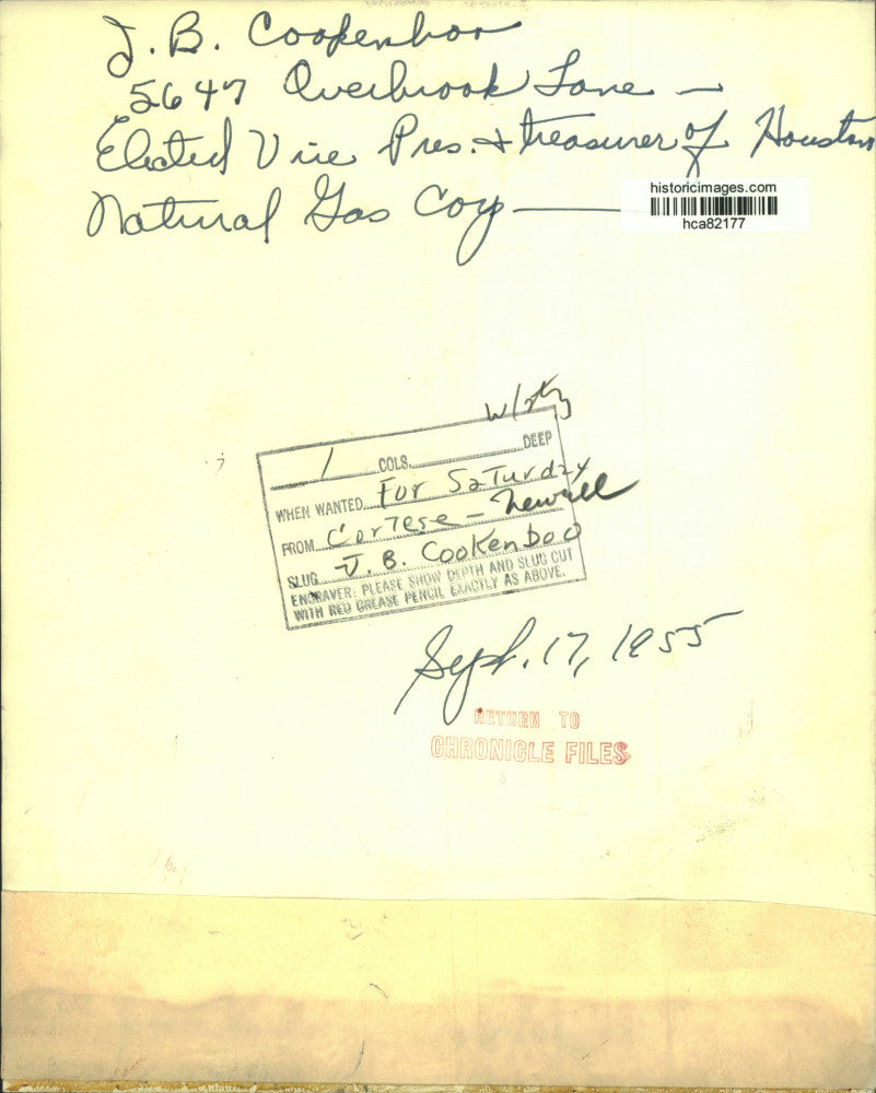 1955 Press Photo J.B. Cookenboo, Vice President of Houston Natural Gas Corp.