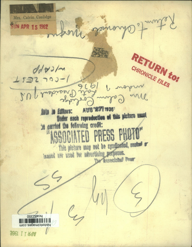 1936 Press Photo Mrs. Calvin Coolidge, Widow of Late President - hca82350