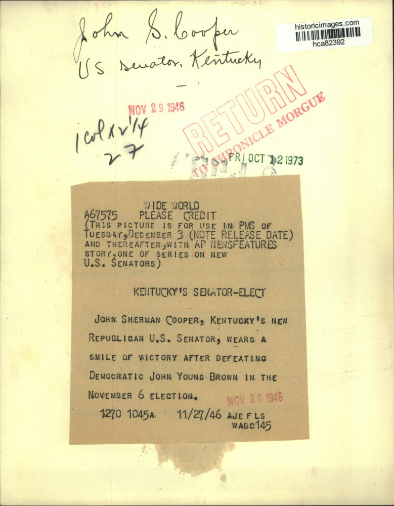 1946 Press Photo John Sherman Cooper, Kentucky's Senator-elect - hca82392