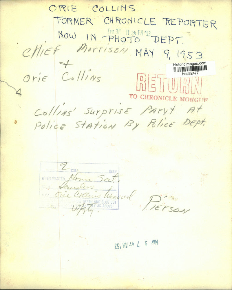 1953 Press Photo Houston Police Chief Morrison at party for Orie Collins.