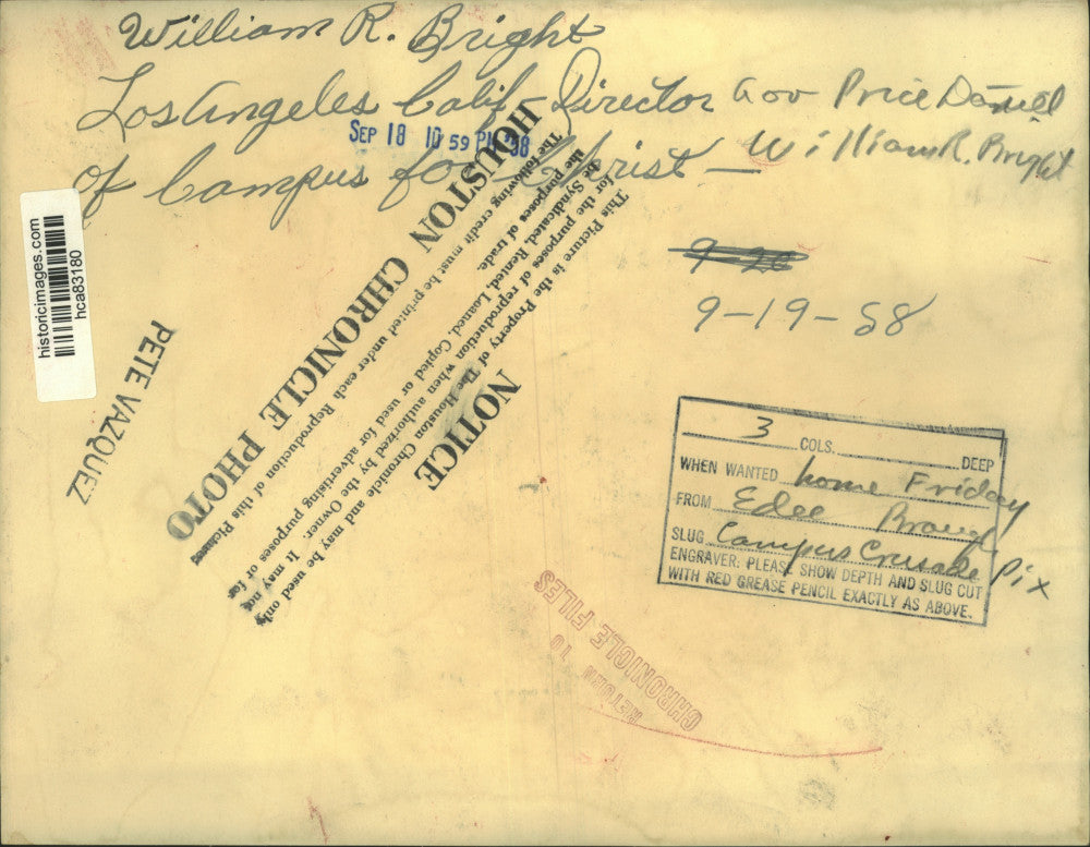 1958 Press Photo William Bright and Price Dovell, Campus Crusade for Christ