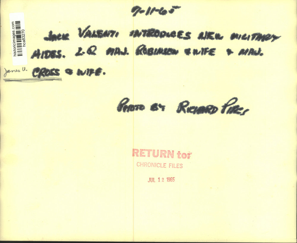 1965 Press Photo Jack Valenti introduces military aids, Robinson and Cross