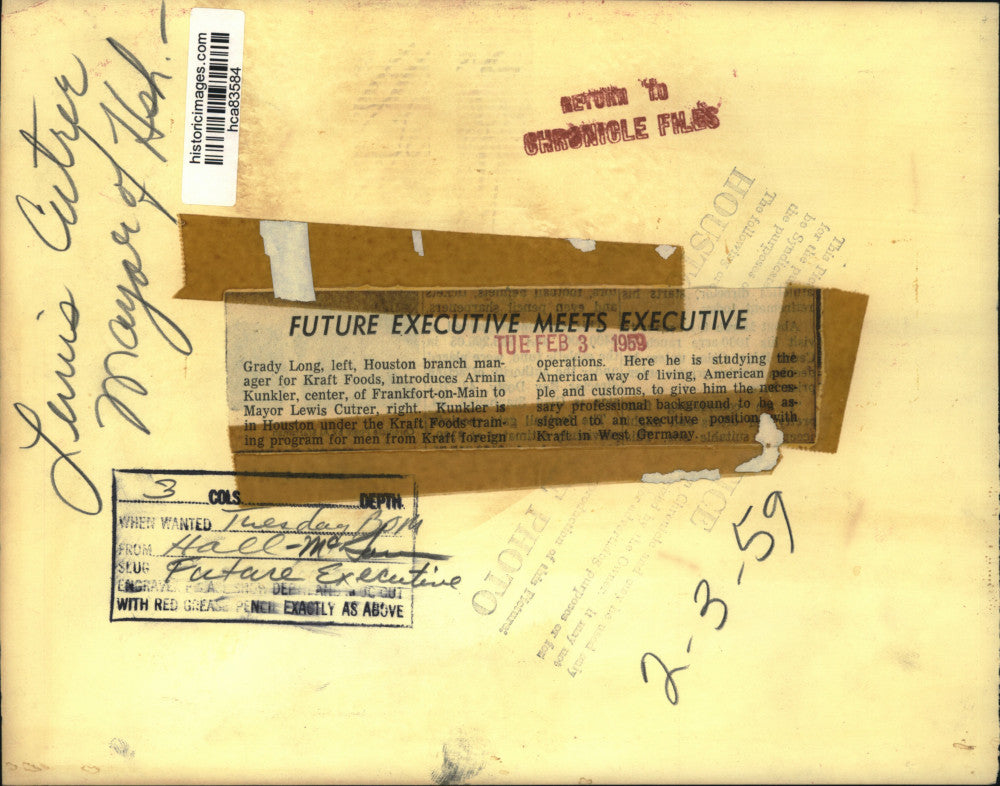 1959 Press Photo Grady Long and Armin Kunkler meet Houston Mayor Lewis Cutrer