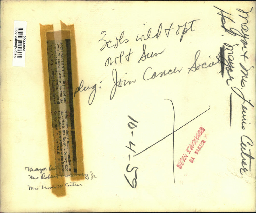 1959 Press Photo Houston Mayor & Mrs. Cutrer, Mrs. Robert Dabney; cancer study