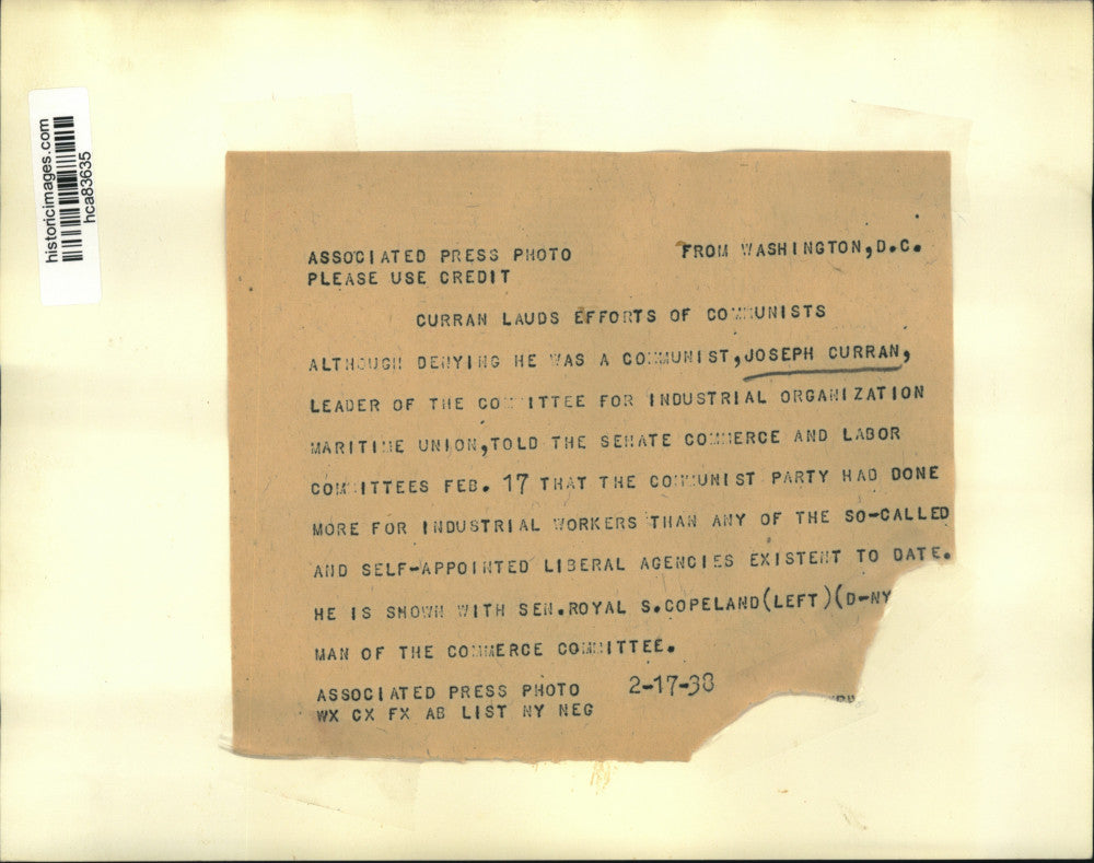 1938 Press Photo CIO Maritime Union leader Joseph Curran & Sen. Royal Copeland