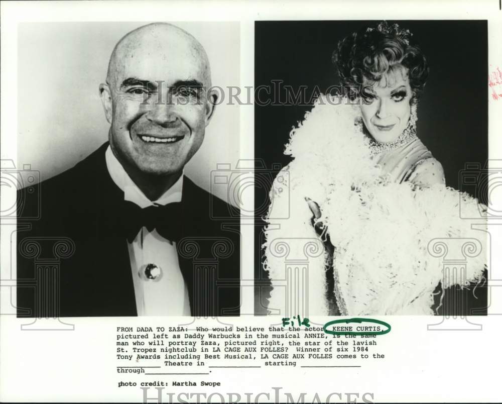 1985 Press Photo Actor Keene Curtis in &quot;Annie&quot; and &quot;La Cage aux Folles&quot;- Historic Images