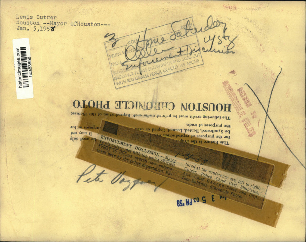 1958 Press Photo Houston Mayor Lewis Cutrer Meets Law Enforcement Officials