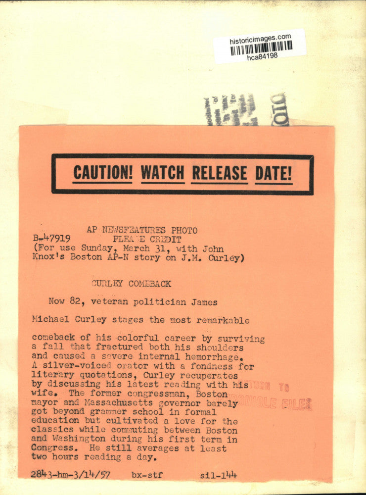 1957 Press Photo Massachusetts politician James Michael Curley and wife