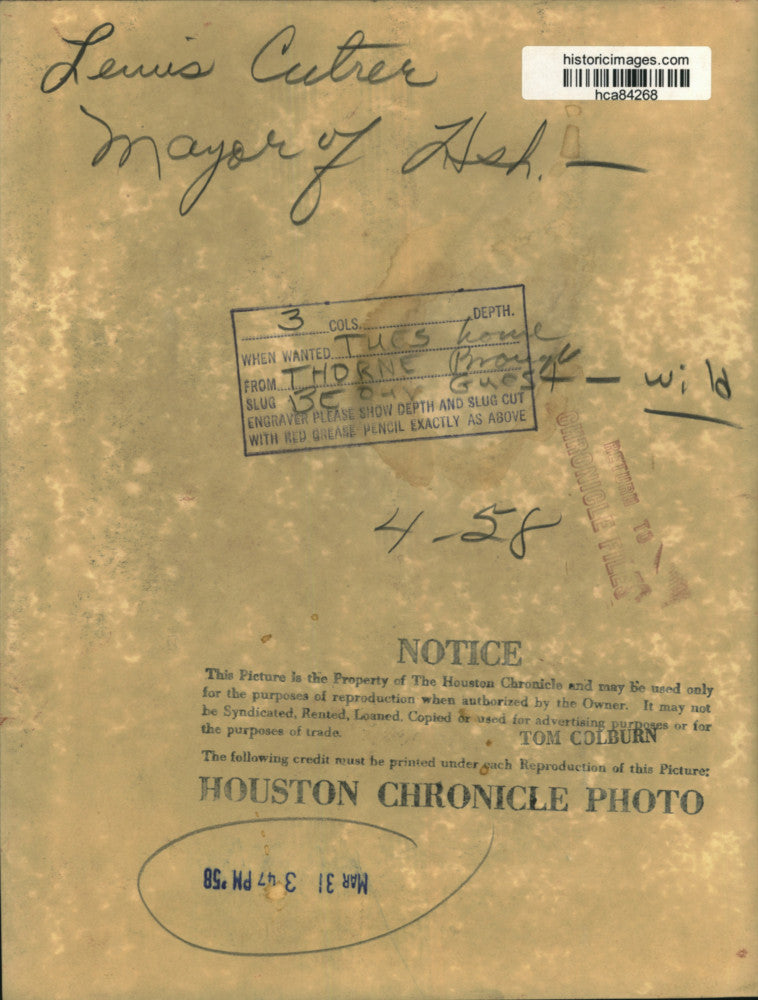 1958 Press Photo Houston Mayor Lewis Cutrer shakes hand with boy - hca84268