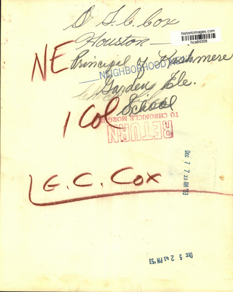 1953 Press Photo Principal of Kashmere Garden Elementary School G.C. Cox, Texas