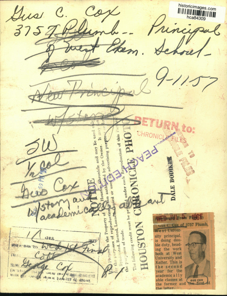 1957 Press Photo West University principal Gus C Cox also principal at Kolter-TX